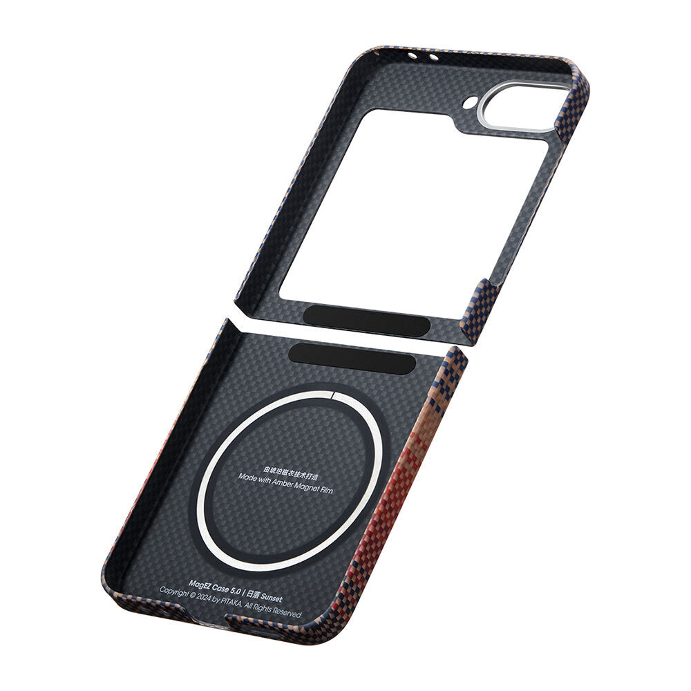 Galaxy Z Flip 6 Kılıf M-safe Şarj Özellikli Aramid Fiber Pitaka Tactile Woven Sunset-Moonrise Serisi Sunset Kapak