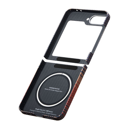 Galaxy Z Flip 6 Kılıf M-safe Şarj Özellikli Aramid Fiber Pitaka Tactile Woven Sunset-Moonrise Serisi Sunset Kapak