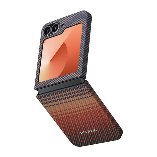 Galaxy Z Flip 6 Kılıf M-safe Şarj Özellikli Aramid Fiber Pitaka Tactile Woven Sunset-Moonrise Serisi Sunset Kapak