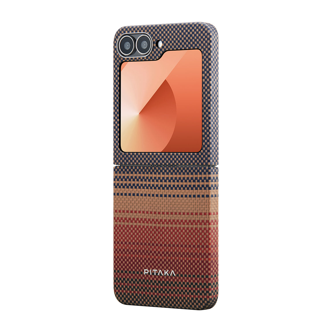 Galaxy Z Flip 6 Kılıf M-safe Şarj Özellikli Aramid Fiber Pitaka Tactile Woven Sunset-Moonrise Serisi Sunset Kapak