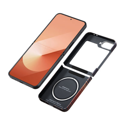 Galaxy Z Flip 6 Kılıf M-safe Şarj Özellikli Aramid Fiber Pitaka Tactile Woven Sunset-Moonrise Serisi Sunset Kapak