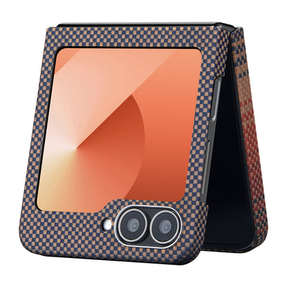 Galaxy Z Flip 6 Kılıf M-safe Şarj Özellikli Aramid Fiber Pitaka Tactile Woven Sunset-Moonrise Serisi Sunset Kapak