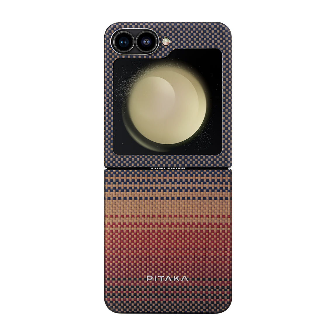 Galaxy Z Flip 6 Kılıf M-safe Şarj Özellikli Aramid Fiber Pitaka Tactile Woven Sunset-Moonrise Serisi Sunset Kapak