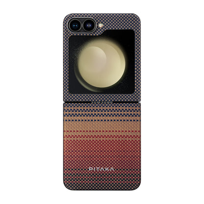 Galaxy Z Flip 6 Kılıf M-safe Şarj Özellikli Aramid Fiber Pitaka Tactile Woven Sunset-Moonrise Serisi Sunset Kapak