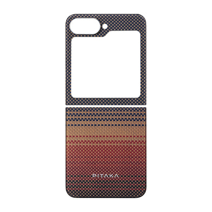 Galaxy Z Flip 6 Kılıf M-safe Şarj Özellikli Aramid Fiber Pitaka Tactile Woven Sunset-Moonrise Serisi Sunset Kapak