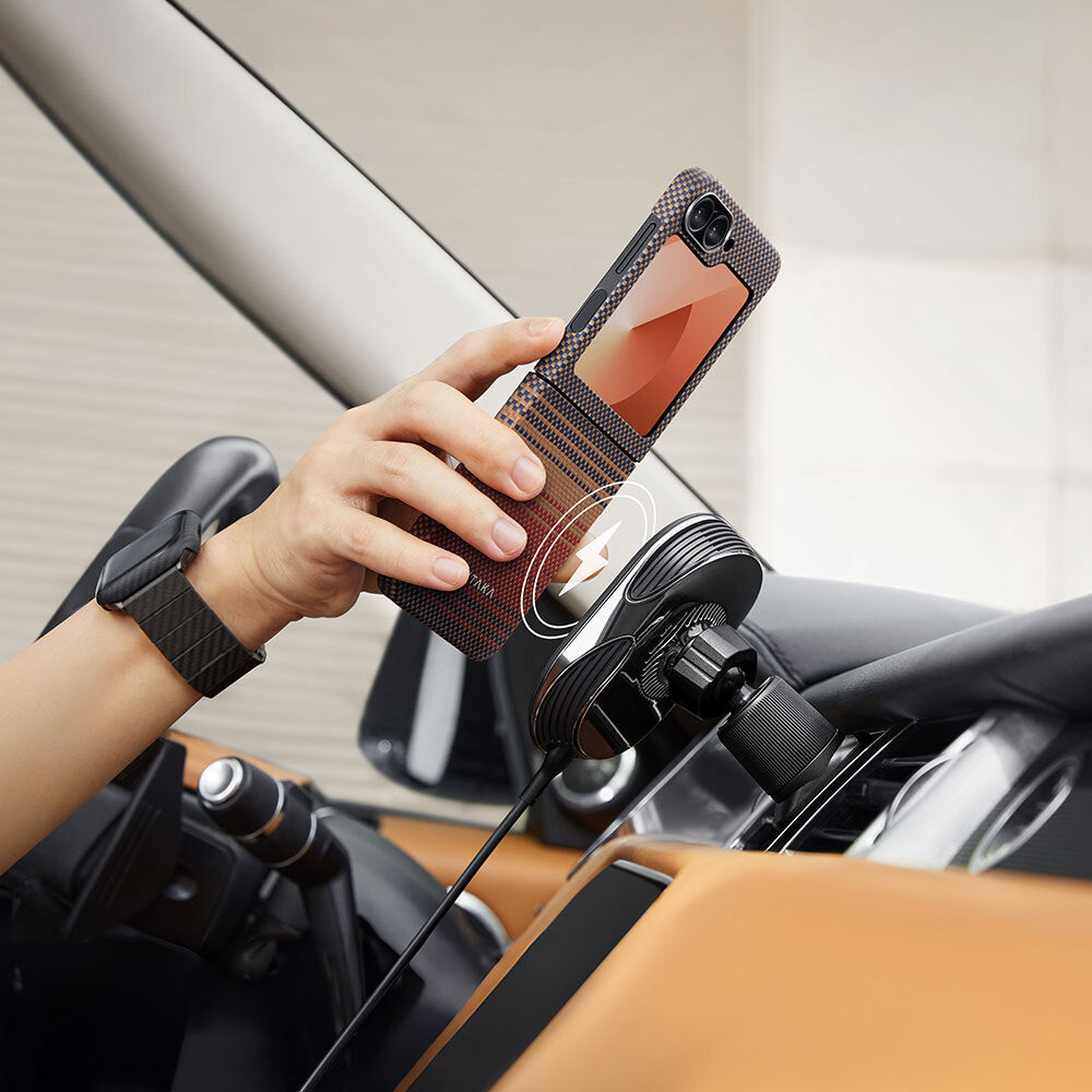 Galaxy Z Flip 6 Kılıf M-safe Şarj Özellikli Aramid Fiber Pitaka Tactile Woven Sunset-Moonrise Serisi Sunset Kapak