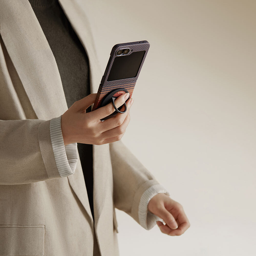 Galaxy Z Flip 6 Kılıf M-safe Şarj Özellikli Aramid Fiber Pitaka Tactile Woven Sunset-Moonrise Serisi Sunset Kapak