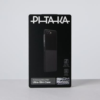Galaxy Z Flip 7 Kılıf M-safe Şarj Özellikli 600D Aramid Fiber Pitaka Ultra-Slim Classic Serisi Black-Grey Twill Kapak