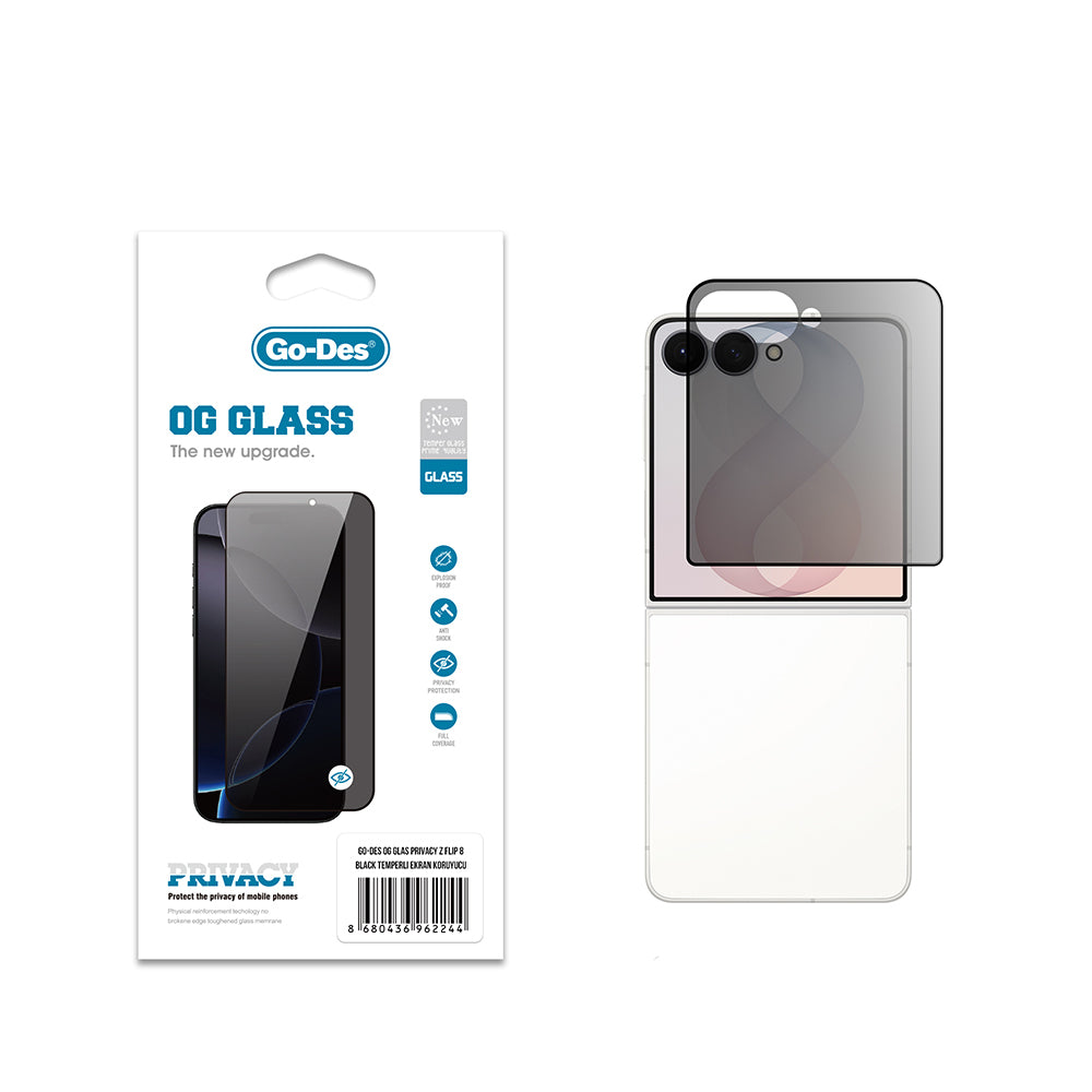Galaxy Z Flip 8 Go Des OG Glass Privacy Antistatik Temperli Cam Ekran Koruyucu