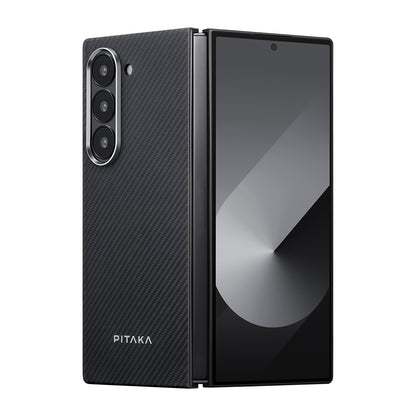 Galaxy Z Fold 6 Kılıf M-safe Şarj Özellikli 600D Aramid Fiber Pitaka Ultra-Slim Classic Serisi Black-Grey Twill Kapak