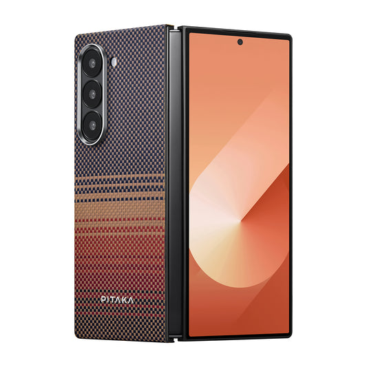 Galaxy Z Fold 6 Kılıf M-safe Şarj Özellikli Aramid Fiber Pitaka Tactile Woven Sunset-Moonrise Serisi Sunset Kapak