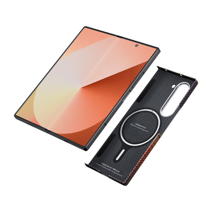 Galaxy Z Fold 6 Kılıf M-safe Şarj Özellikli Aramid Fiber Pitaka Tactile Woven Sunset-Moonrise Serisi Sunset Kapak