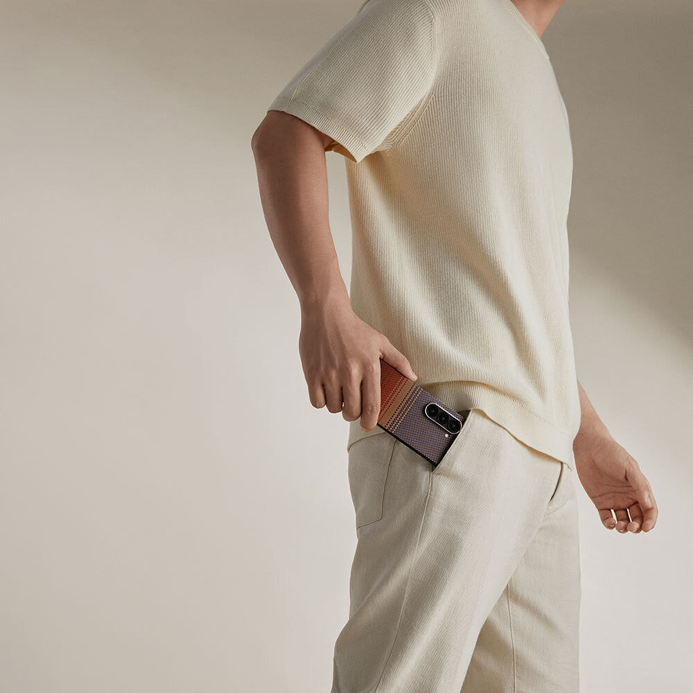 Galaxy Z Fold 6 Kılıf M-safe Şarj Özellikli Aramid Fiber Pitaka Tactile Woven Sunset-Moonrise Serisi Sunset Kapak