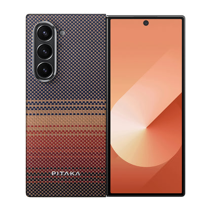 Galaxy Z Fold 6 Kılıf M-safe Şarj Özellikli Aramid Fiber Pitaka Tactile Woven Sunset-Moonrise Serisi Sunset Kapak