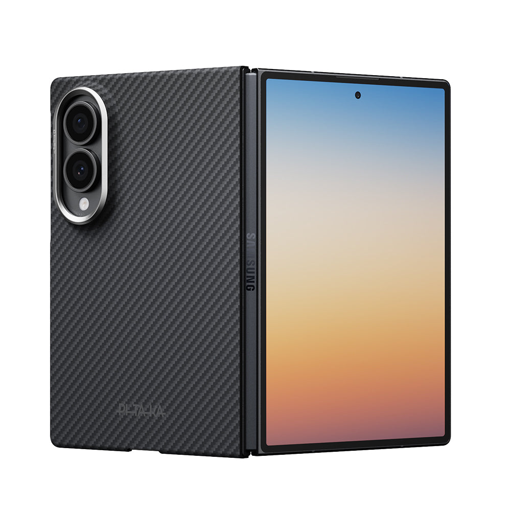 Galaxy Z Fold 8 Kılıf M-safe Şarj Özellikli 600D Aramid Karbon Fiber Pitaka Edge Serisi Black-Grey Twill Kapak