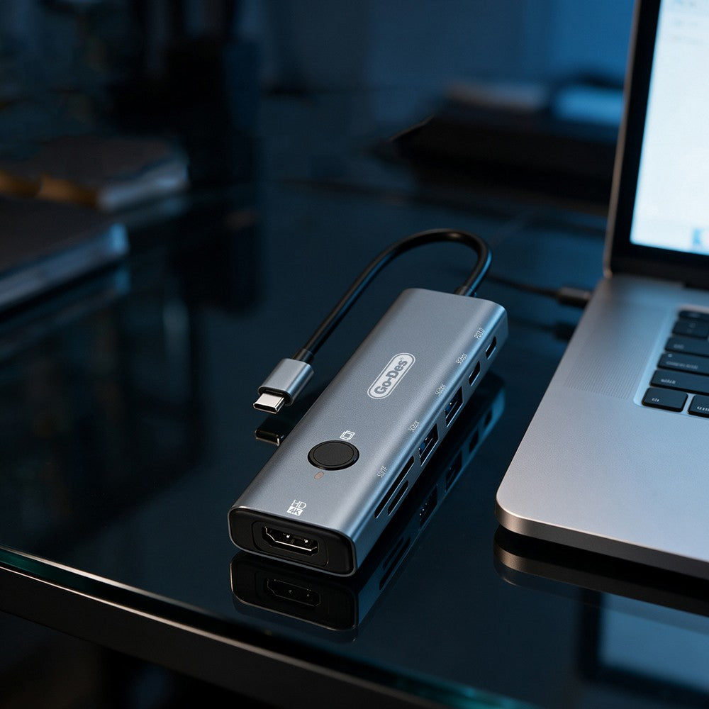 Go Des GD-6910 Type-C Bağlantılı 7in1 Hub Adaptör USB 5gbps/Hdmi/PD 3.0/3.5mm/4K Ultra HD