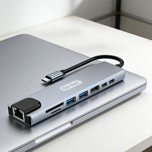 Go Des GD-9218 Type-C Bağlantılı 8in1 USB3.0 + PD + Hdmi 4K Ultra HD + RJ45 + SD/TF Bağlantılı Hub Adaptör