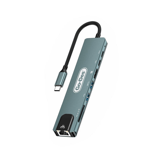 Go Des GD-9230 Type-C Bağlantılı 8in1 USB3.0 + PD + Hdmi 4K Ultra HD + RJ45 + SD/TF Bağlantılı Hub Adaptör