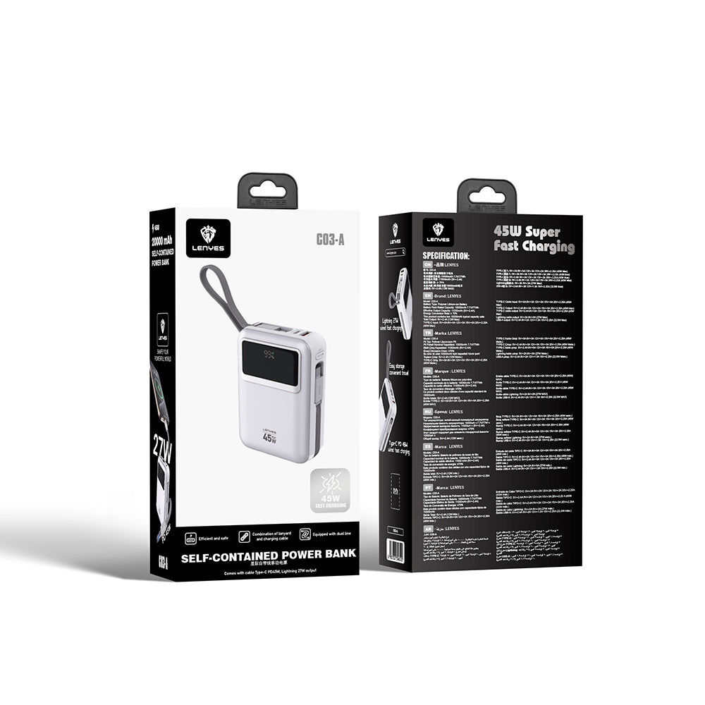 Lenyes C03-A Dijital LED Göstergeli Type-C ve Lightning Kablolu Powerbank 45W 20.000mAh