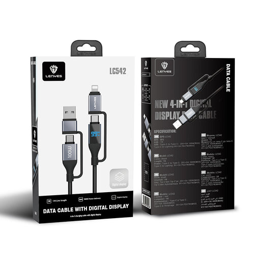 Lenyes LC542 Dijital Göstergeli 4in1 USB-A - Type-C + Type-C to Lightning 100W 1M
