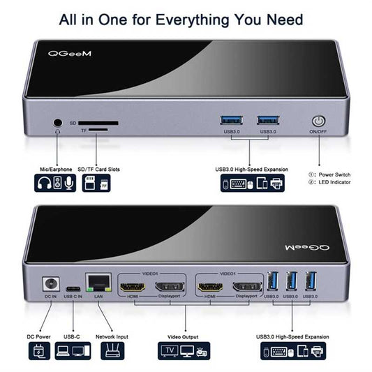 Qgeem QG-D6902 All in One Çoğaltıcı Type-C Hub Docking Station 4K-5K Displayport HDMI Destekli