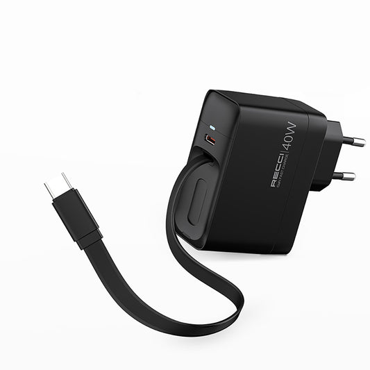 Recci RC102E GaN Teknolojili Hızlı Şarj Başlığı USB-A to Type-C PD 40W Type-C Kablolu Şarj Seti