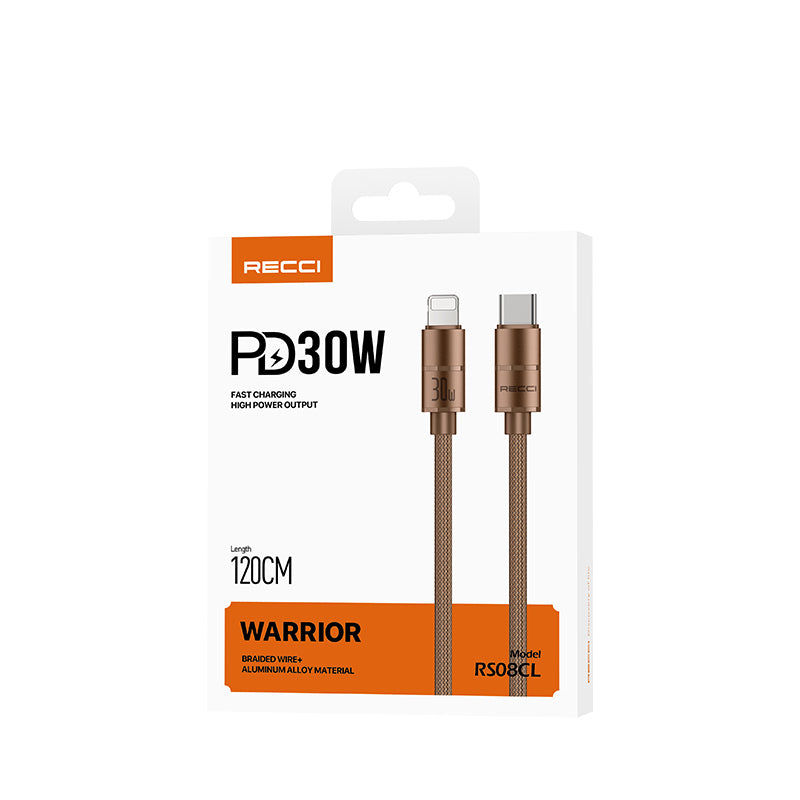 Recci RS08CL Warrior Serisi Type-C to Lightning 30W Hızlı Şarj Özellikli Data ve Şarj Kablosu 1.2M