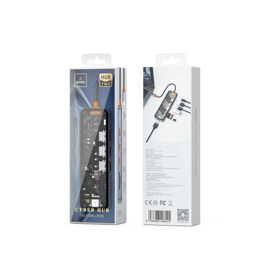 Wiwu CB007 Cyber 7 in 1 Type-C Hub 100W Şarj Destekli Şeffaf Görünümlü SD Kart-Hdmi-Usb Çoğaltıcı