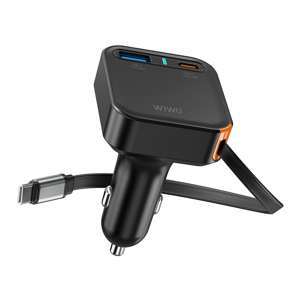 Wiwu Wi-CC033 Type-C + USB-A Hızlı Şarj Özellikli Akım Korumalı Dahili Kablolu Araç Şarj Aleti 65W