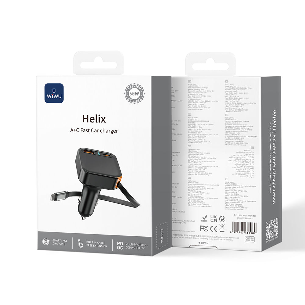 Wiwu Wi-CC033 Type-C + USB-A Hızlı Şarj Özellikli Akım Korumalı Dahili Kablolu Araç Şarj Aleti 65W