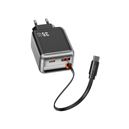 Wiwu Wi-G029 Helix Serisi GaN Teknolojili Hızlı Şarj Başlığı USB-A to Type-C PD 35W Type-C Kablolu Şarj Seti