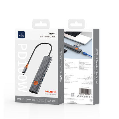 Wiwu Wi-HB005 Travel Serisi 5in1 HDMI (4K@60Hz) Girişli + RJ45 + 100W PD Type-C Hub Bağlantı İstasyonu