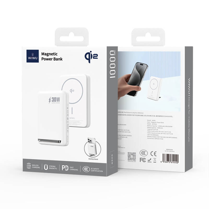 Wiwu Wi-P031 Qi2 Şarj Teknolojili LED Işık Göstergeli Standlı 30W Taşınabilir M-safe Wireless Powerbank 10.000mAh