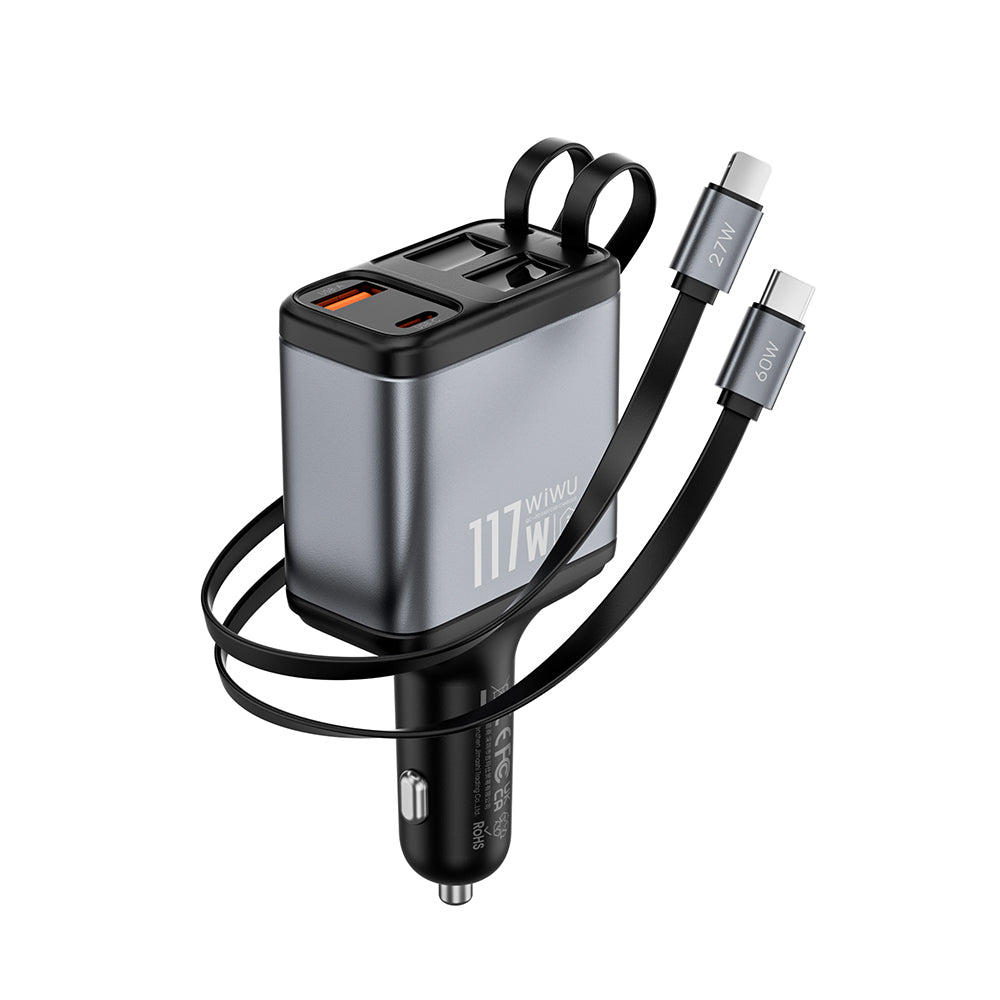 Wiwu Wi-QC027 Exeed Serisi Type-C&Lightning Kablolu + USB-A Hızlı Şarj Özellikli Led Göstergeli Araç Şarj Aleti 117W
