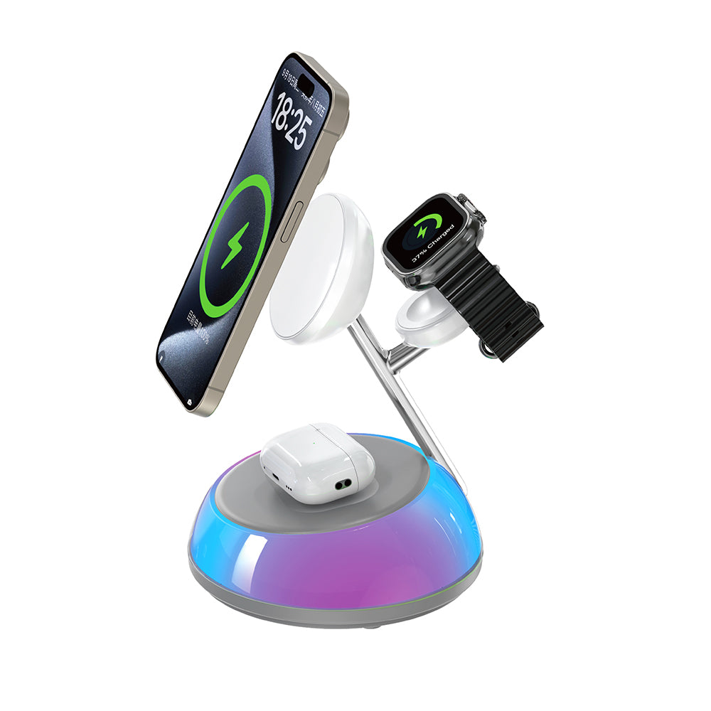 Wiwu Wi-W036 Qi2 3 in 1 Magnetik Hızlı Şarj Özellikli Ambiyans Işıklı Kablosuz Şarj Standı 15W
