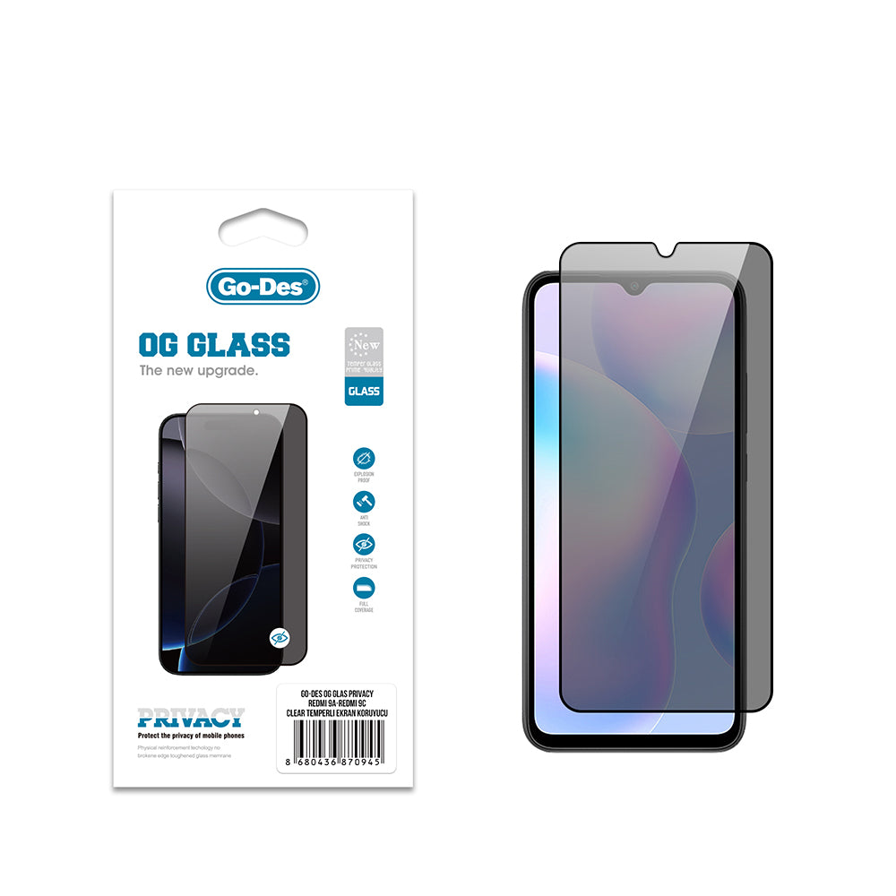 Xiaomi Redmi 9C Go Des OG Glass Privacy Antistatik Temperli Cam Ekran Koruyucu