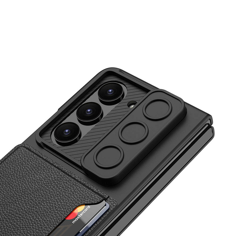 Galaxy Z Fold 5 Suni Deri Arka Yüzey Sürgülü Kamera Korumalı Zore Kartlıklı Kıpta Silikon Kapak - 5